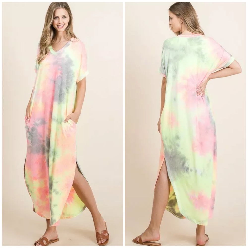 SOLD OUT CLEARANCE Neon Tie Dye Pocket Short Sleeve Long Maxi Dress - Picture 1 of 7
